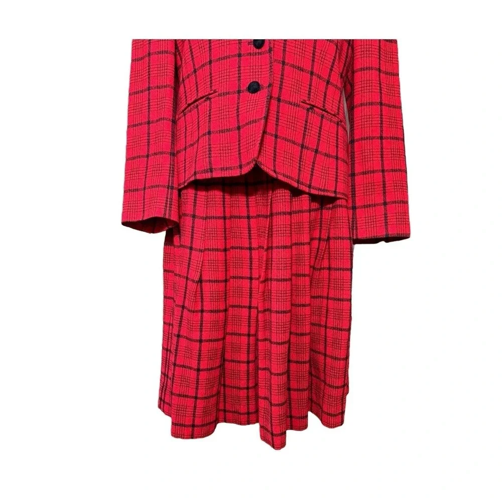 Vintage Pendleton Blazer Skirt Suit Set Women's 12 Red Plaid Tartan Wool USA 70s